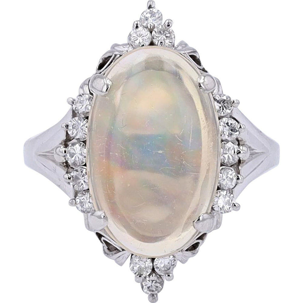 Platinum Halo Ring with 3.00-Carat Oval Opal and 0.31-Carat Round Diamonds - Size 6