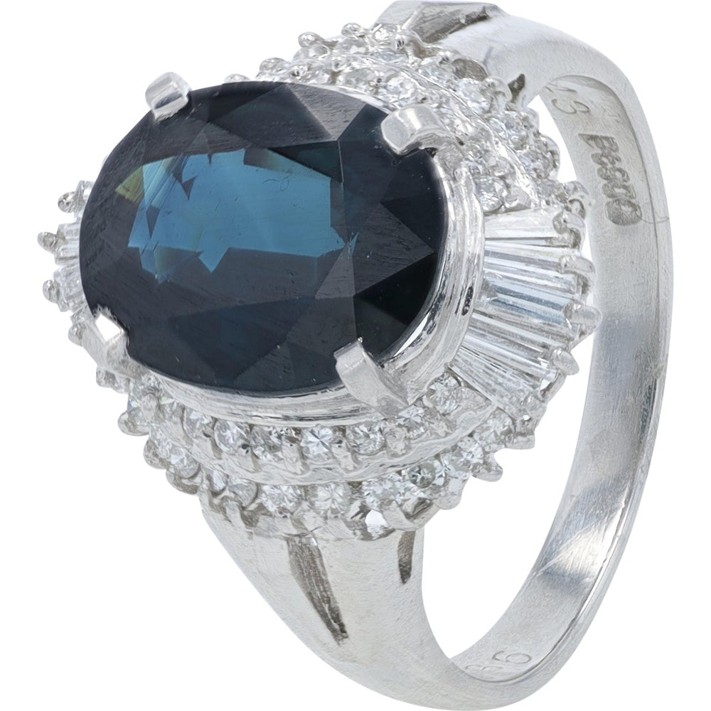 Platinum Halo Ring with 3.36 Carat Oval Sapphire and 0.43 Carat Diamond Accents - Size 5.5