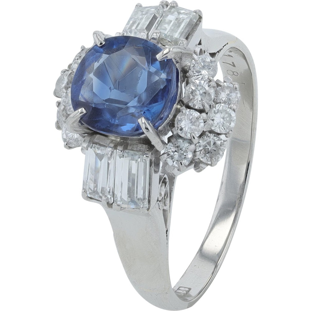 Platinum Halo Ring with Cushion Cut 1.78 Carat Sapphire and Baguette and Round Diamond Accents - 0.605 Carat Total Diamond Weight