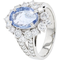 Platinum Halo Ring with No Heat Oval Ceylon Sapphire and Round Diamonds - 3.08 Carat Sapphire and 1.39 Carat Total Diamond Weight