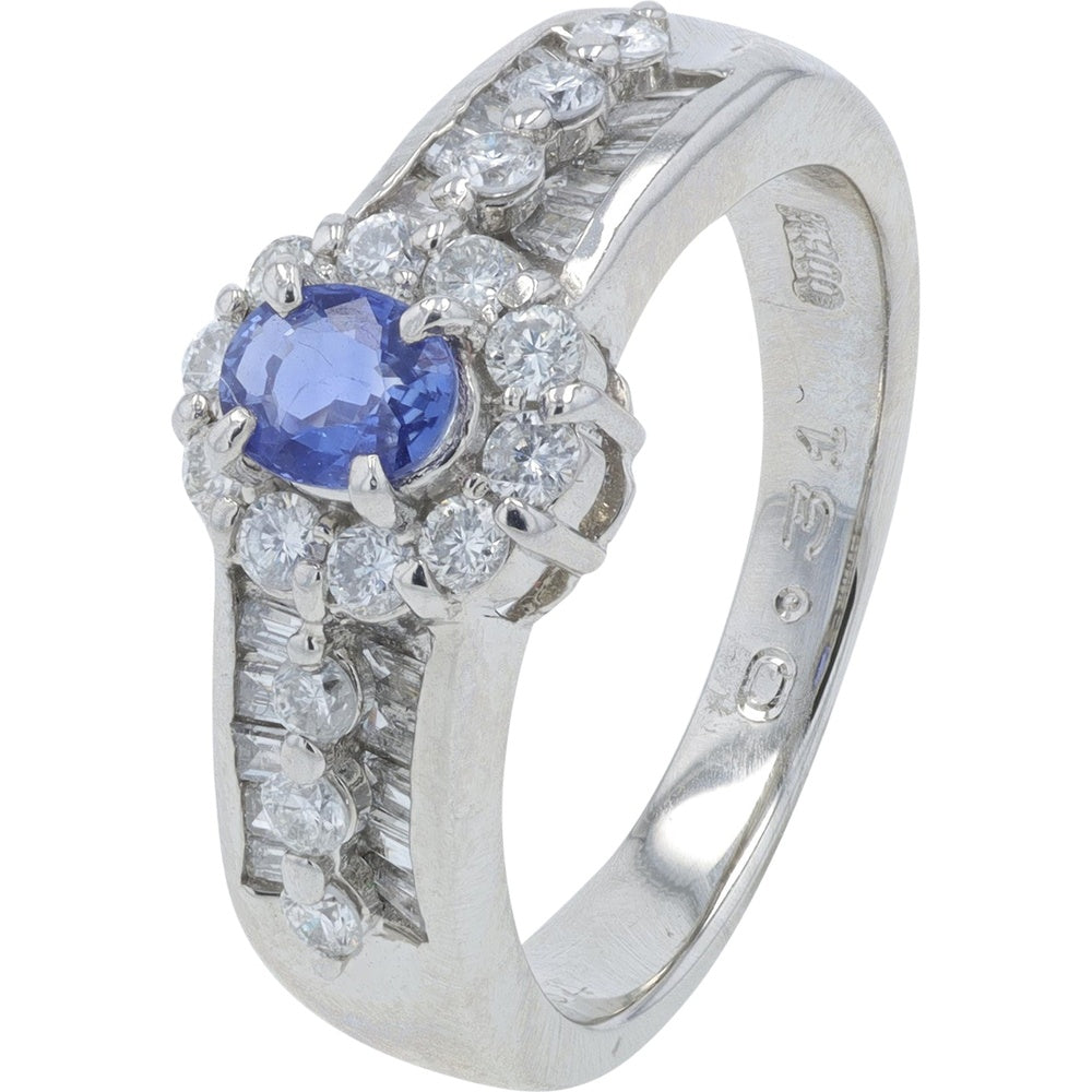 Platinum Halo Ring with Oval Blue Sapphire and Diamond Accents - 0.31 Carat Sapphire and 0.54 Carat Total Diamond Weight