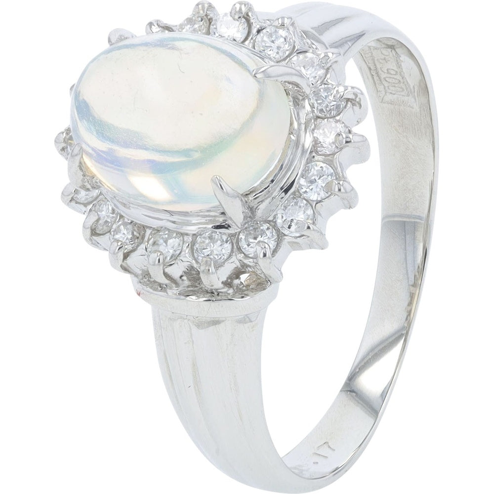 Platinum Halo Ring with Oval Cabochon Opal and Round Diamond Accents - 1.00 Carat Opal and 0.17 Carat Total Diamond Weight