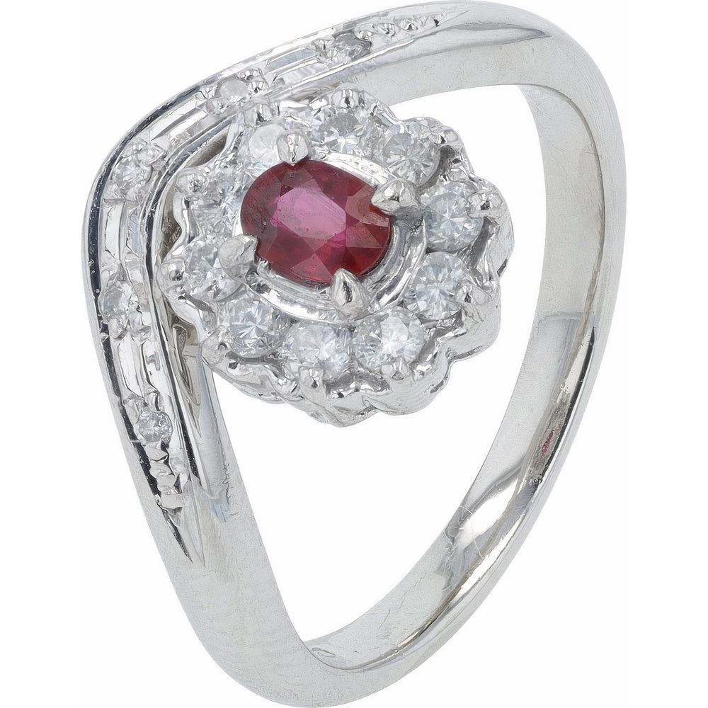 Platinum Halo Ring with Oval Ruby and Round Diamond Accents - 0.23 Carat Ruby and 0.34 Carat Total Diamond Weight