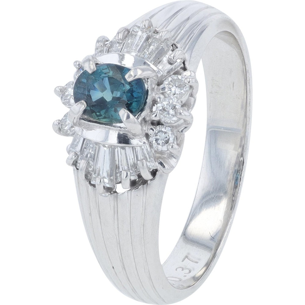 Platinum Halo Ring with Oval Sapphire and Baguette Accents - 0.51 Carat Sapphire and 0.37 Carat Total Diamond Weight