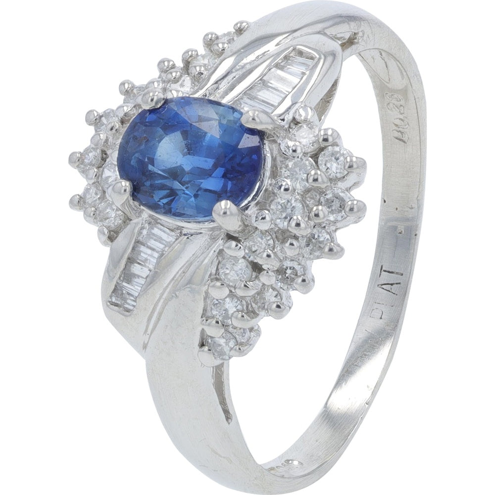 Platinum Halo Ring with Oval Sapphire and Baguette Diamond Accents - 0.82 Carat Sapphire and 0.26 Carat Diamond Total Weight
