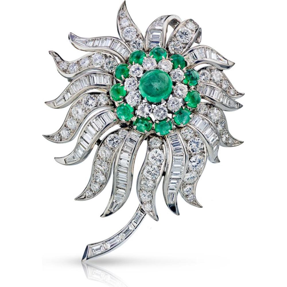Platinum Handmade Flower Brooch with 12 Cabochon Emeralds and 15 Carats of Baguette and Round Diamonds