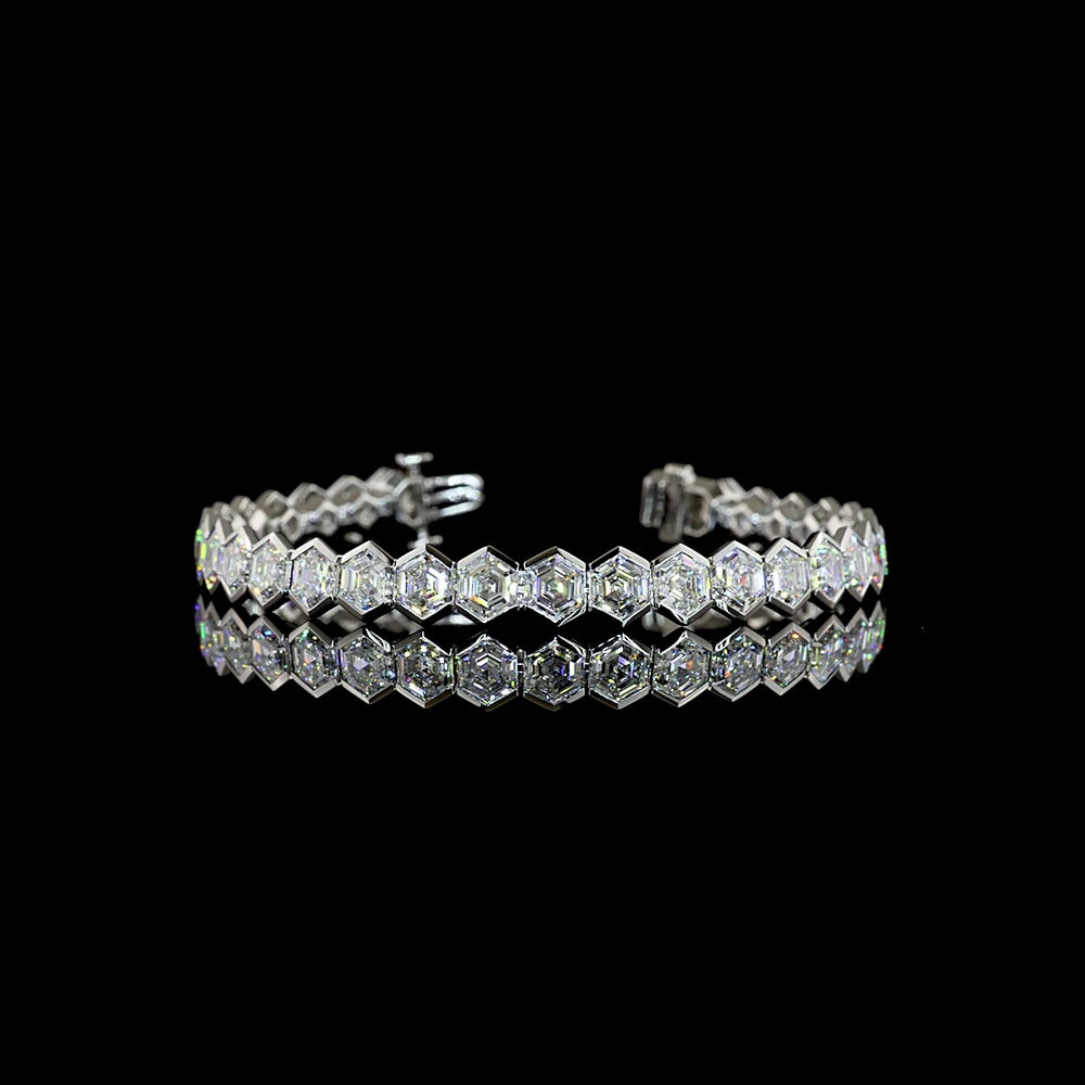 Platinum Hexagon Cut Lab Diamond Tennis Bracelet - 31 Stones, 23.06 Carat Total Weight, Half Bezel Set E-F VS Diamonds - Covaloro Fine Jewelry