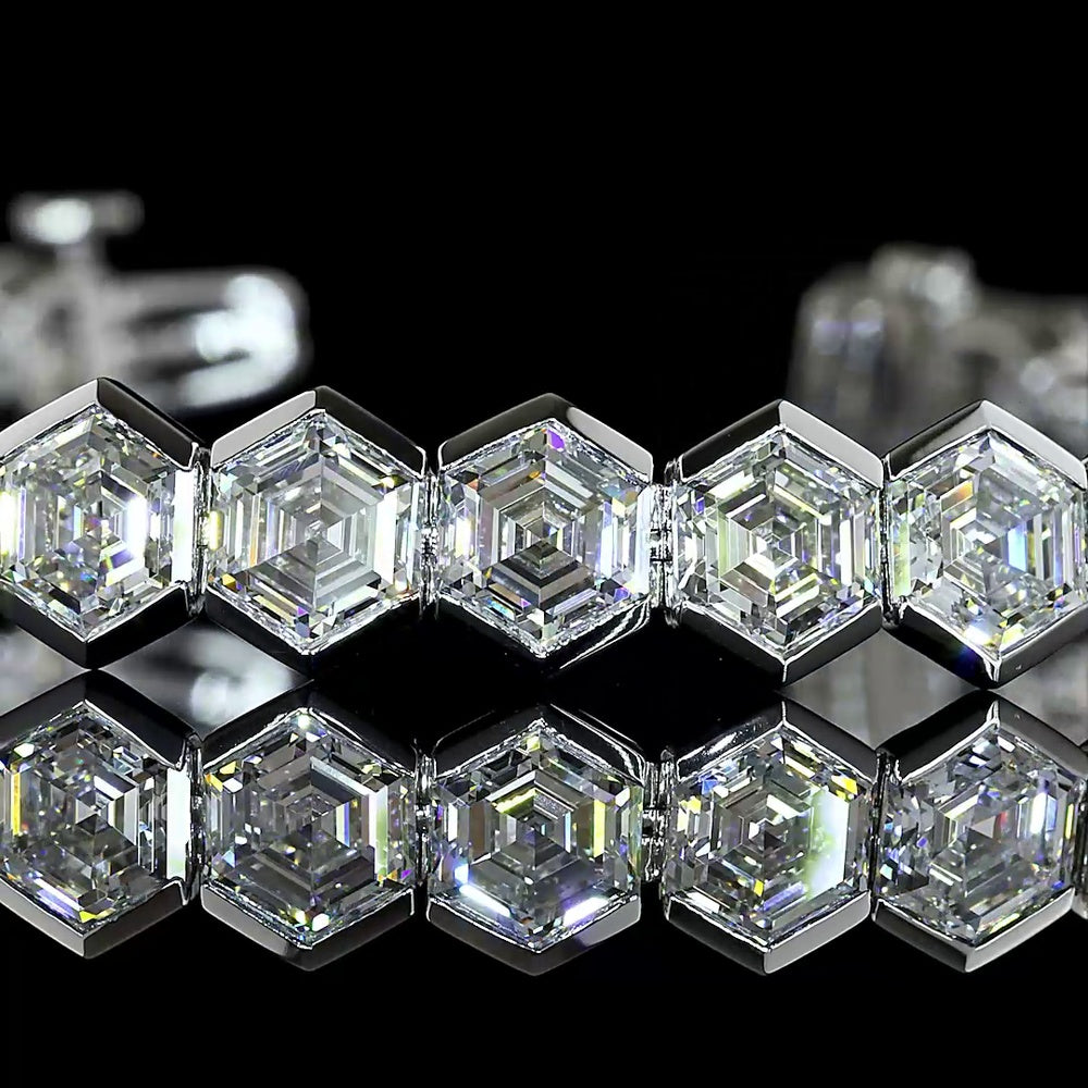 Platinum Hexagon Cut Lab Diamond Tennis Bracelet - 31 Stones, 23.06 Carat Total Weight, Half Bezel Set E-F VS Diamonds - Covaloro Fine Jewelry