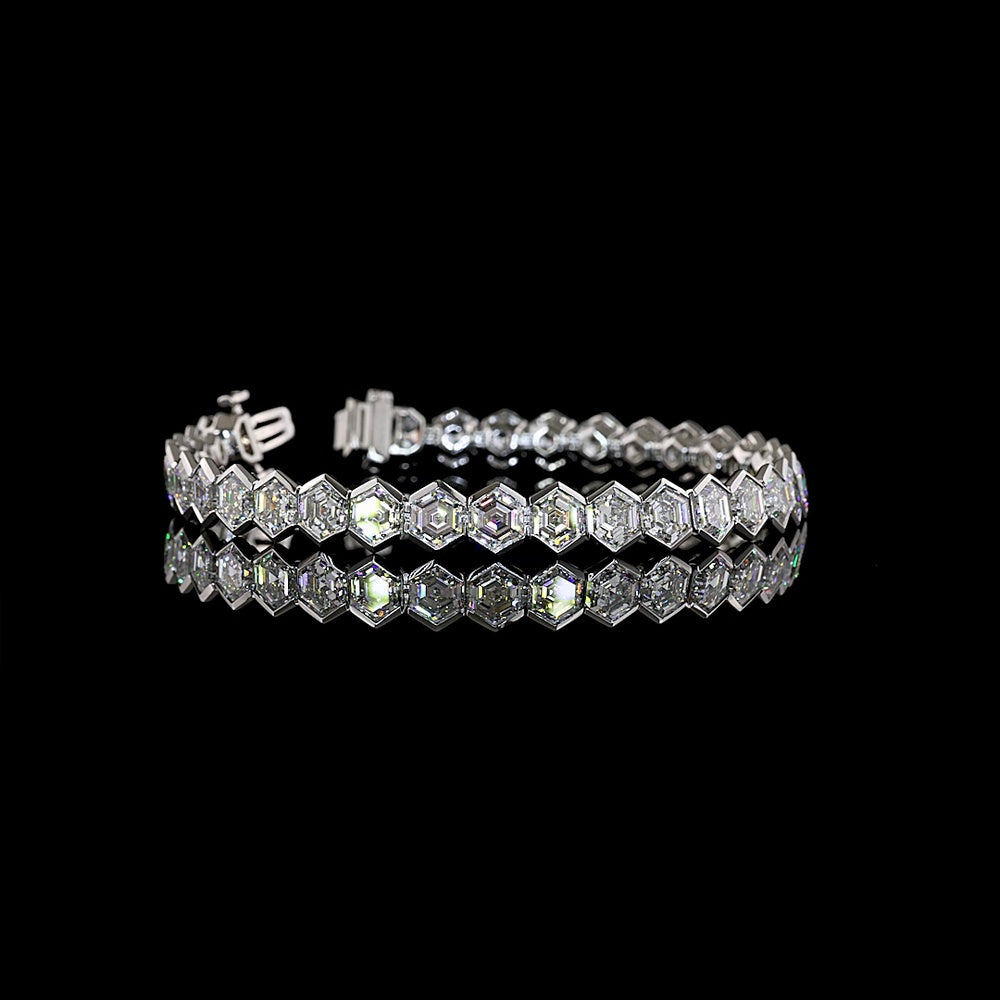 Platinum Hexagon Shape Tennis Bracelet with Half Bezel Set Lab Diamonds - 25.21 Carat Total Weight (E-F VS1 Clarity) - Covaloro Fine Jewelry