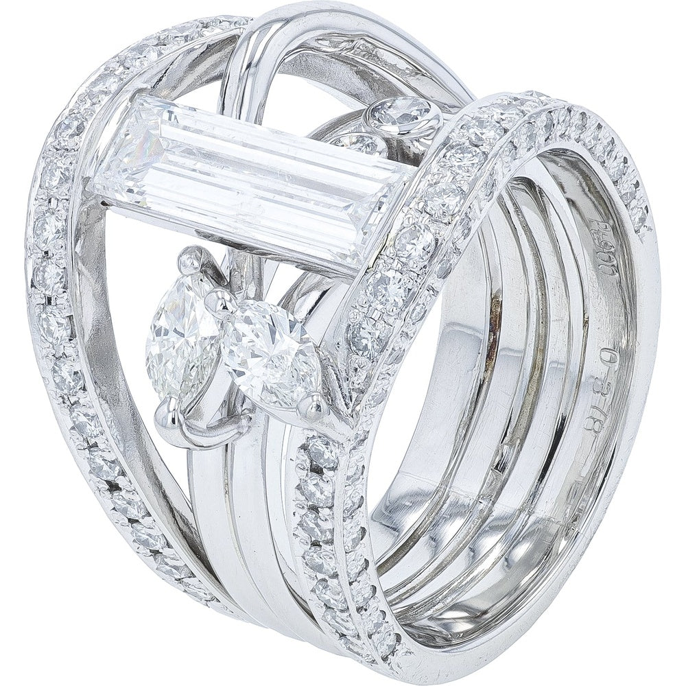 Platinum Interlocking Contemporary Ring with 1.47 Carat Baguette and Pear Shaped Diamonds - 2.329 Carat Total Diamond Weight
