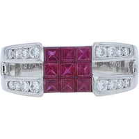 Platinum Invisible-Set Princess Ruby Cluster Ring with Channel-Set Round Diamonds - 1.25 Carat Total Ruby Weight and 0.37 Carat Total Diamond Weight