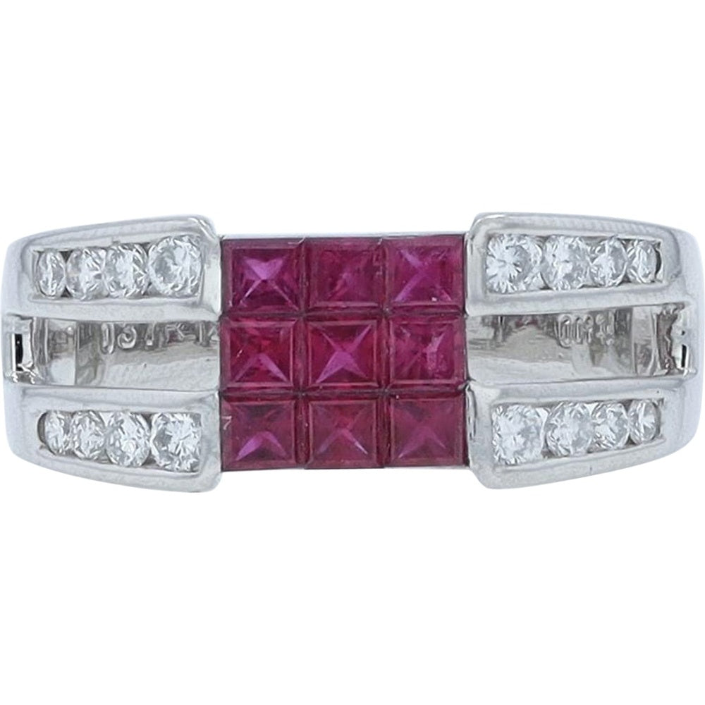 Platinum Invisible-Set Princess Ruby Cluster Ring with Channel-Set Round Diamonds - 1.25 Carat Total Ruby Weight and 0.37 Carat Total Diamond Weight