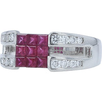 Platinum Invisible-Set Princess Ruby Cluster Ring with Channel-Set Round Diamonds - 1.25 Carat Total Ruby Weight and 0.37 Carat Total Diamond Weight