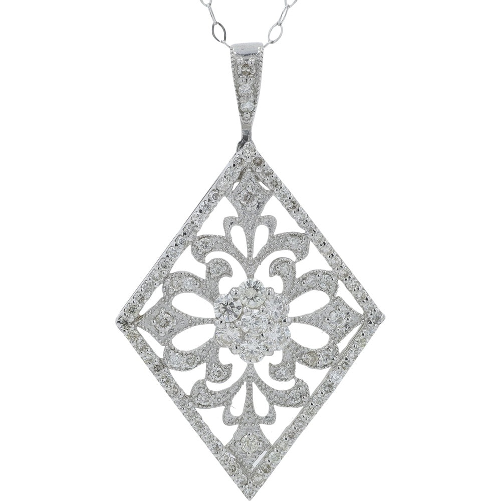 Platinum Kite-Shaped Floral Diamond Pendant with Milgrain Detail and 18-Inch Chain - 1.00 Carat Total Diamond Weight