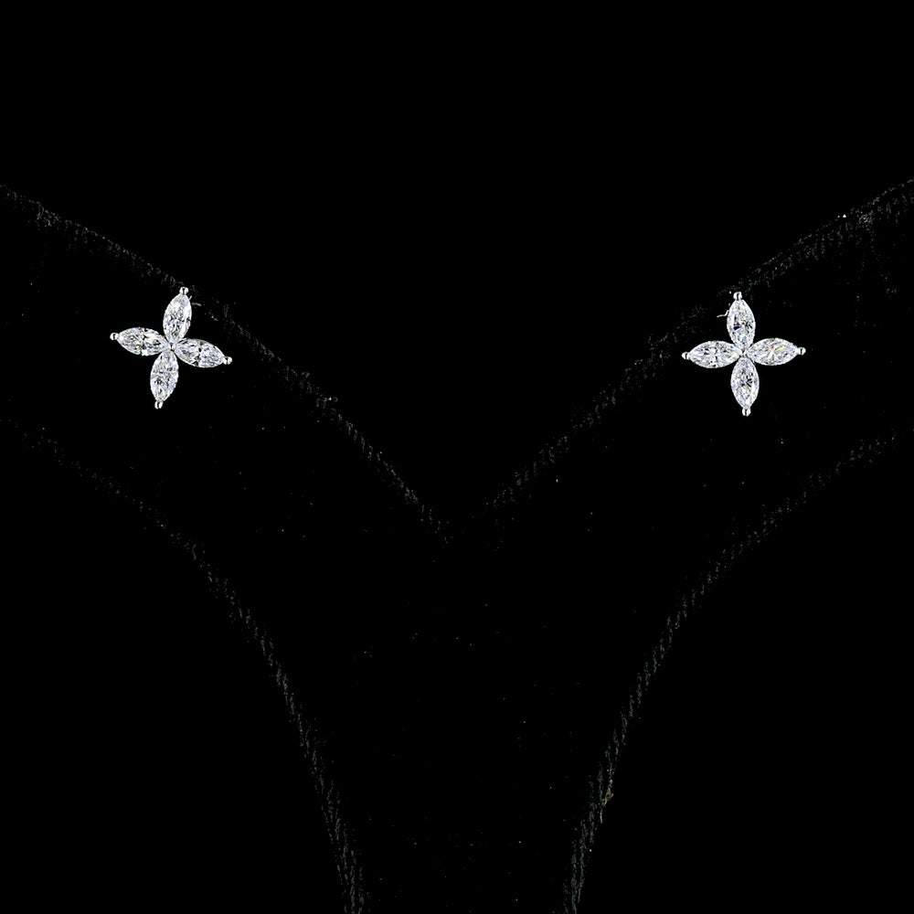 Platinum Marquise Cut Lab Diamond Floral Stud Earrings - 0.54 Carat Total Weight, E-F Color VS1 Clarity, Inclined Prong Setting - Covaloro Fine Jewelry