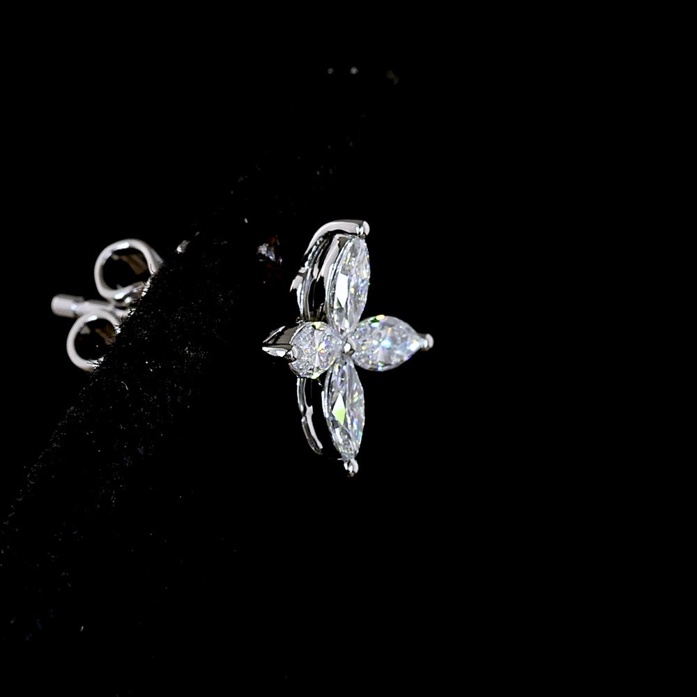 Platinum Marquise Cut Lab Diamond Floral Stud Earrings - 0.54 Carat Total Weight, E-F Color VS1 Clarity, Inclined Prong Setting - Covaloro Fine Jewelry