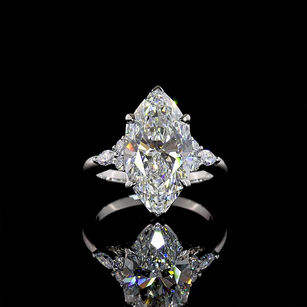 Platinum Marquise Cut Lab Diamond Ring with North-South Prong Setting and Side Stones - 4.81 Carats Total Diamond Weight - Covaloro Fine Jewelry