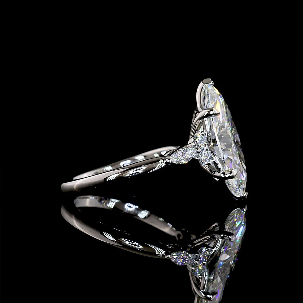 Platinum Marquise Cut Lab Diamond Ring with North-South Prong Setting and Side Stones - 4.81 Carats Total Diamond Weight - Covaloro Fine Jewelry