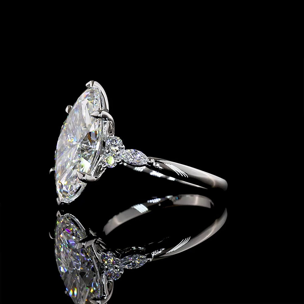 Platinum Marquise Cut Lab Diamond Ring with North-South Prong Setting and Side Stones - 4.81 Carats Total Diamond Weight - Covaloro Fine Jewelry