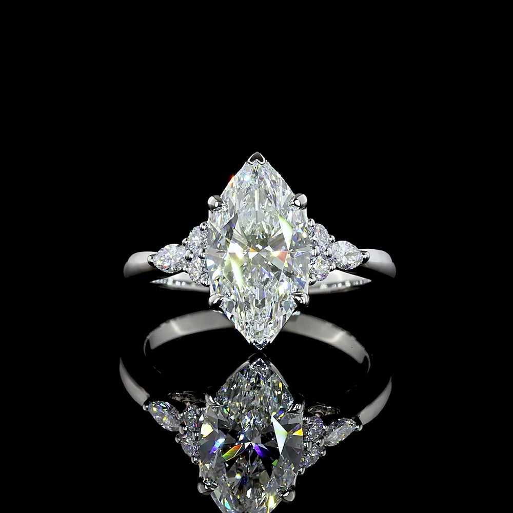 Platinum Marquise Cut Lab Diamond Ring with Side Stones - 2.75 Carat Total Weight, F VS1 Center - Covaloro Fine Jewelry