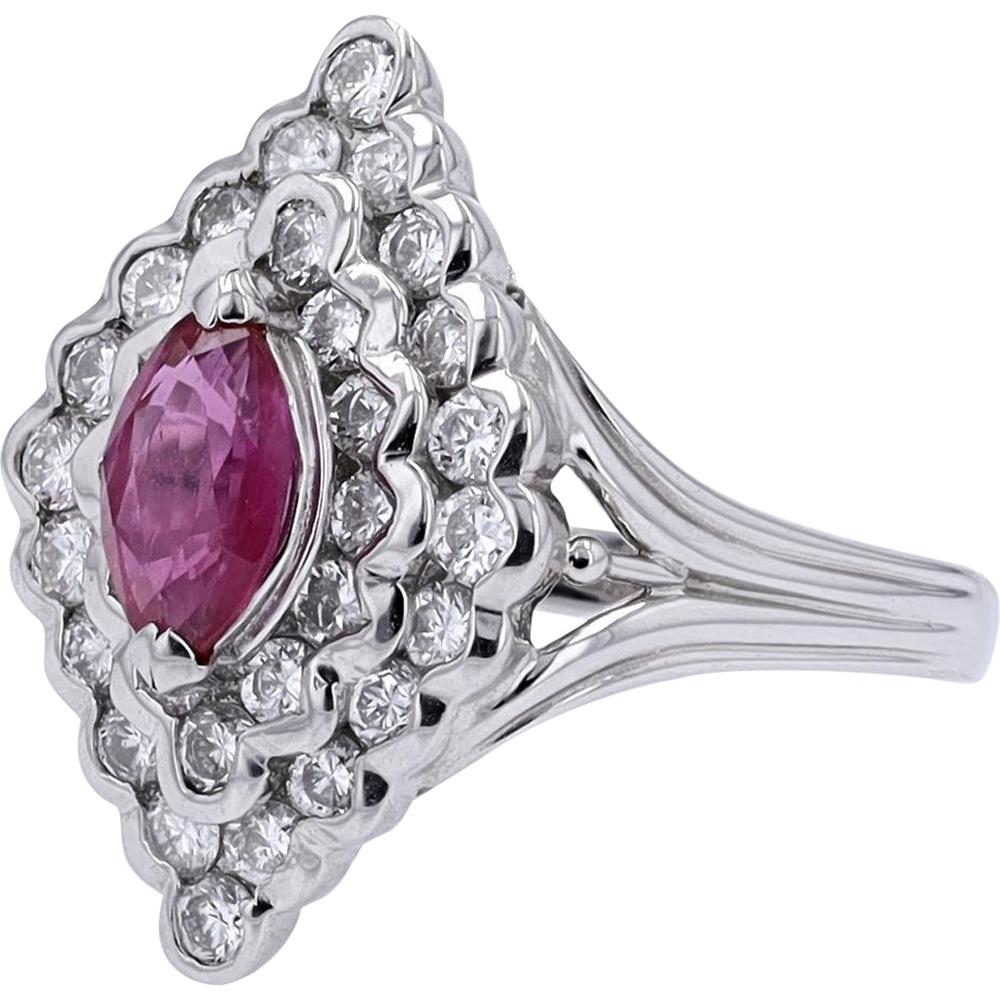 Platinum Marquise Ruby and Diamond Halo Ring - 0.87 Carat Ruby, 1.08 Carat Diamond Total Weight