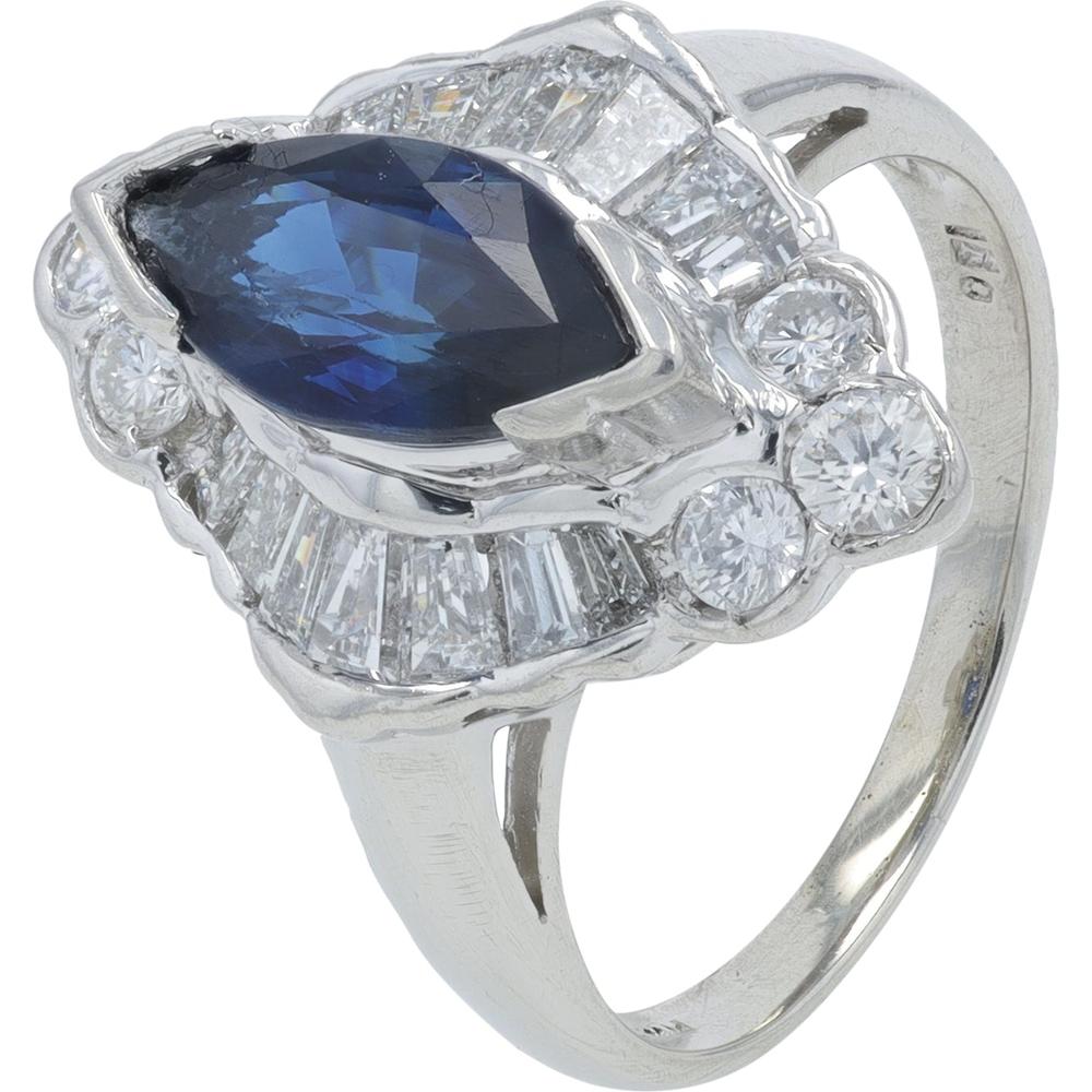 Platinum Marquise Sapphire and Diamond Ring - 1.50 Carat Sapphire, 0.84 Carat Diamond Total Weight
