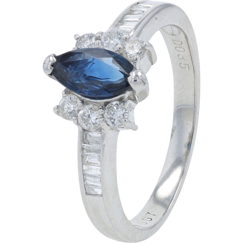Platinum Marquise Sapphire Ring with Round and Baguette Diamond Accents - 0.67 Carat Sapphire and 0.35 Carat Total Diamond Weight