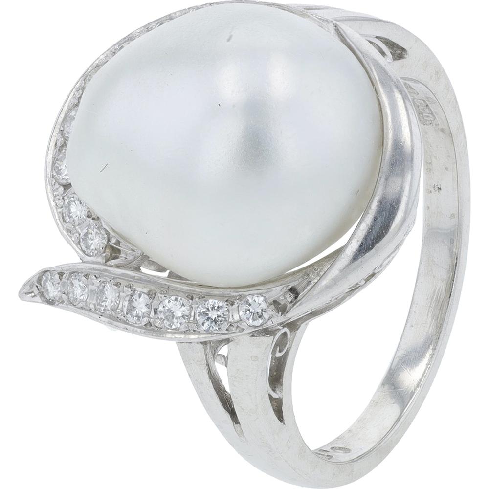 Platinum Mikimoto Ring with Cultured Pearl and 0.18 Carat Diamond Accents