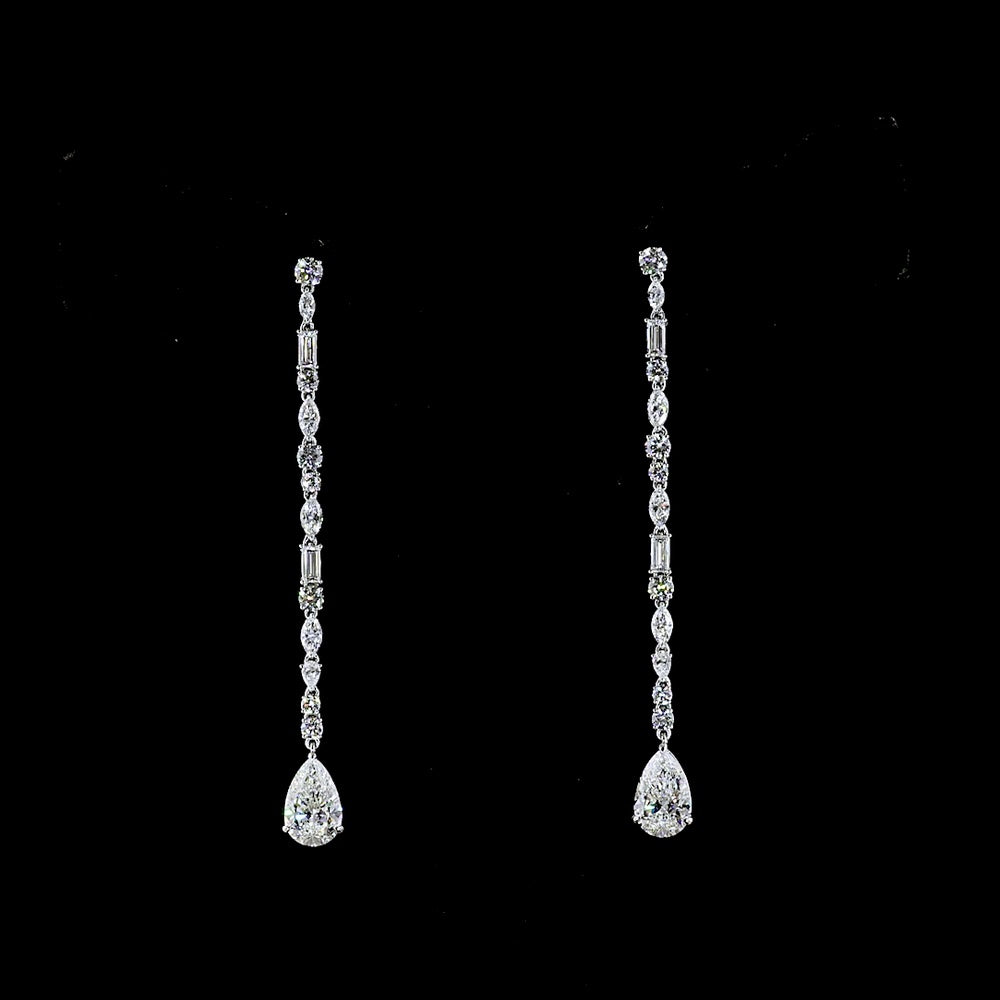 Platinum Mixed Shape Hanging Drop Earrings with Pear, Baguette, and Round Lab Diamonds - 5.06 Carats Total Diamond Weight - Covaloro Fine Jewelry