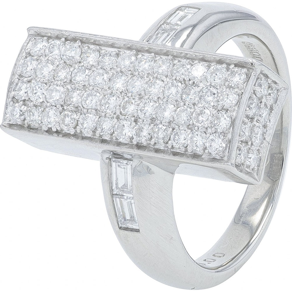 Platinum Modern Geometric Ring with Three Rows of Round Diamonds and Channel-Set Baguette Accents - 1.00 Carat Total Diamond Weight