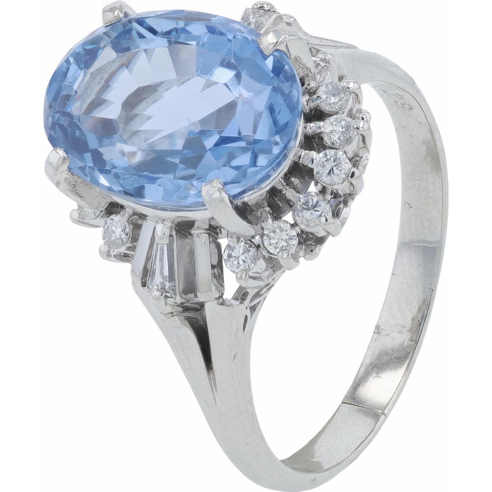 Platinum No Heat Sapphire Ring with Diamond Accents - 6.738 Carat Sapphire, 0.29 Carat Diamond Weight
