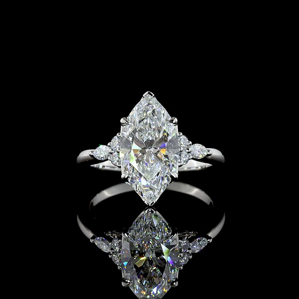Platinum North-South Marquise Cut Lab Diamond Ring with Marquise and Round Accent Stones - 3.22 Carat Center, 6.94 Carat Total Diamond Weight - Covaloro Fine Jewelry