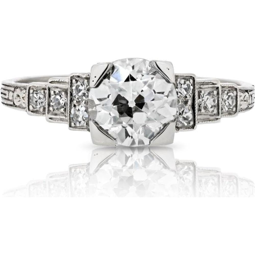 Platinum Old European Cut Diamond Engagement Ring with Additional Old Cut Diamonds - 1.13 Carat Center, 0.15 Carat Total Weight Additional