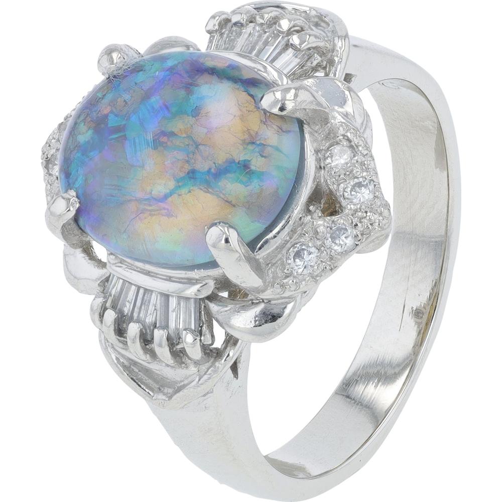 Platinum Opal Ring with Diamond Accents and Milgrain Detail - 1.82 Carat Opal and 0.22 Carat Total Diamond Weight
