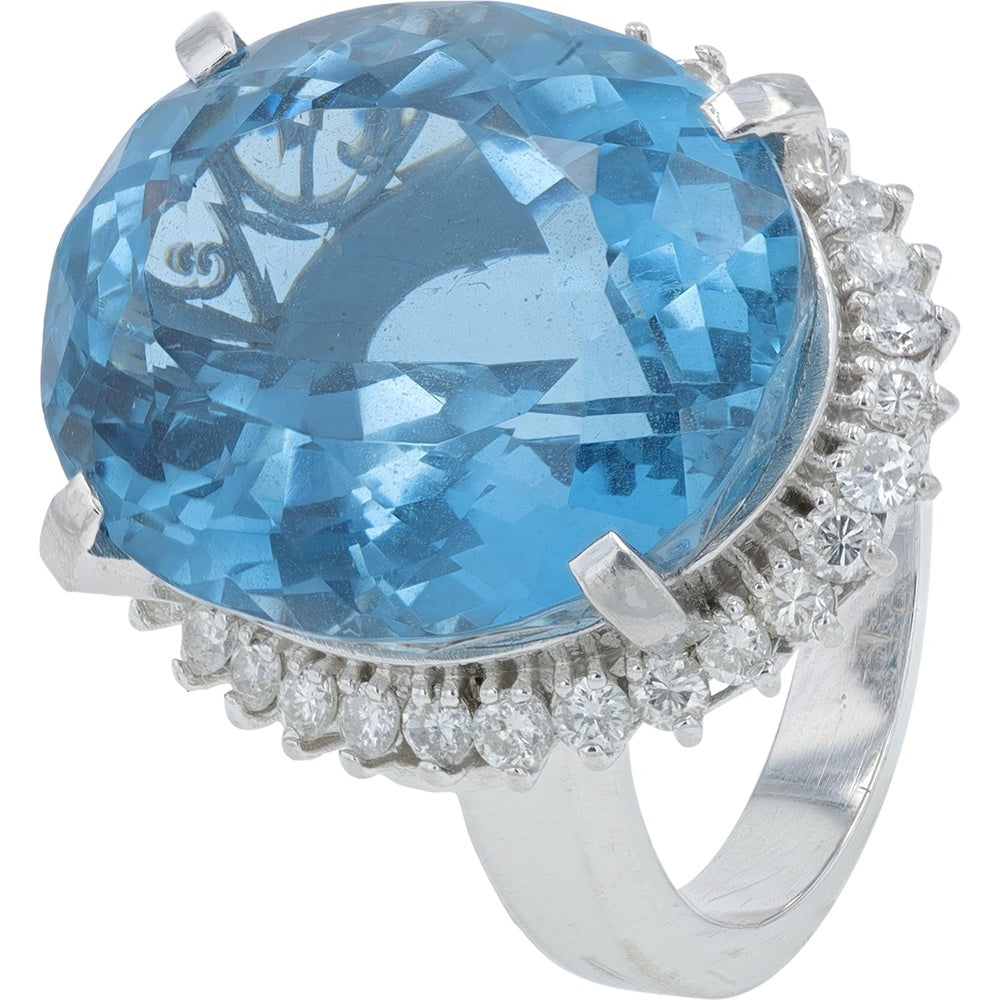 Platinum Oval Blue Topaz Cocktail Ring with Diamond Halo - 28.62 Carat Total Blue Topaz Weight and 0.90 Carat Total Diamond Weight