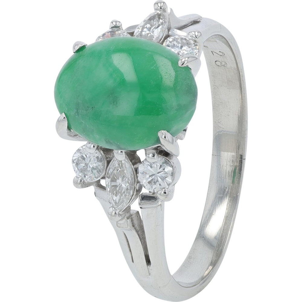 Platinum Oval Cabochon Jade Ring with Floral Diamond Halo Accents - 0.28 Carat Total Diamond Weight