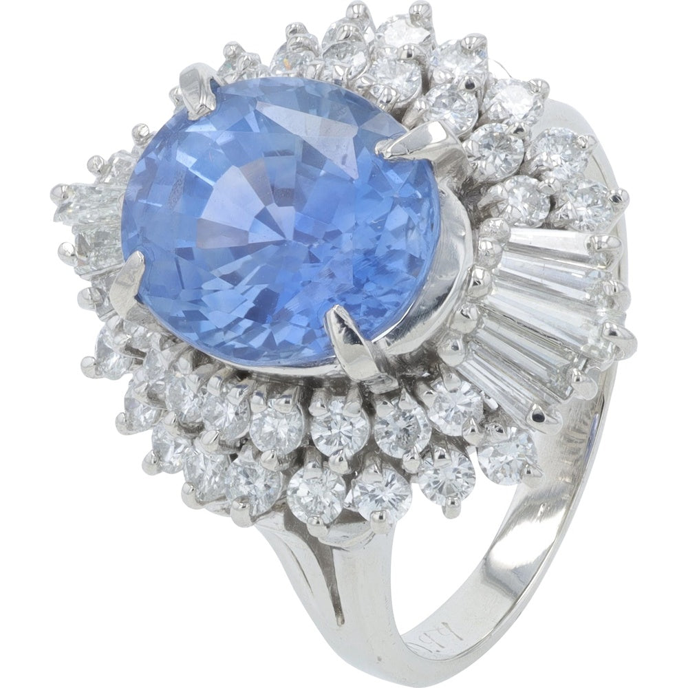 Platinum Oval Ceylon Sapphire Ring with Double Halo Round and Baguette Diamonds - 4.15 Carat Sapphire and 0.99 Carat Total Diamond Weight