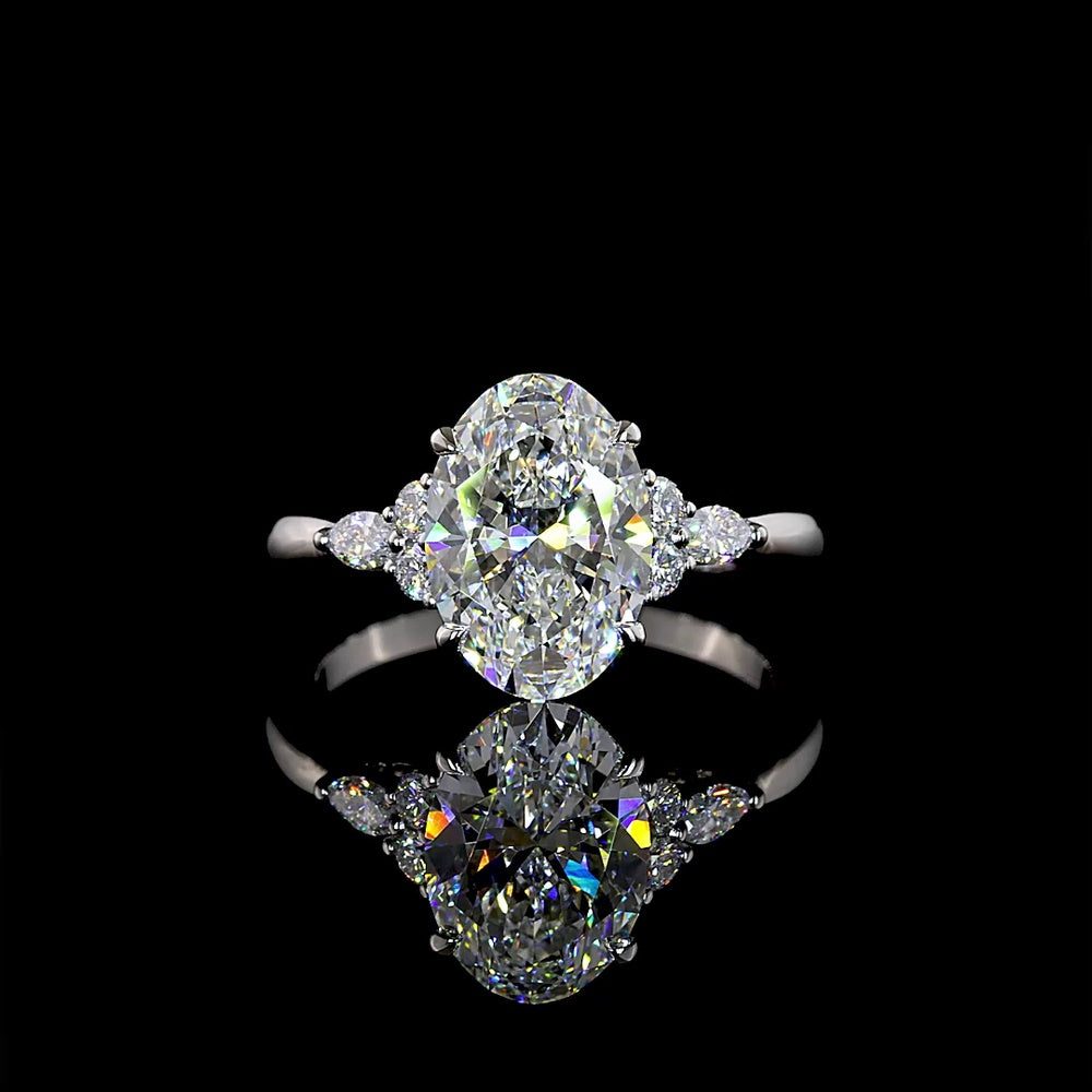 Platinum Oval Cut Lab Diamond Ring with Marquise and Round Accent Stones - 2.81 Carat Total Diamond Weight - Covaloro Fine Jewelry