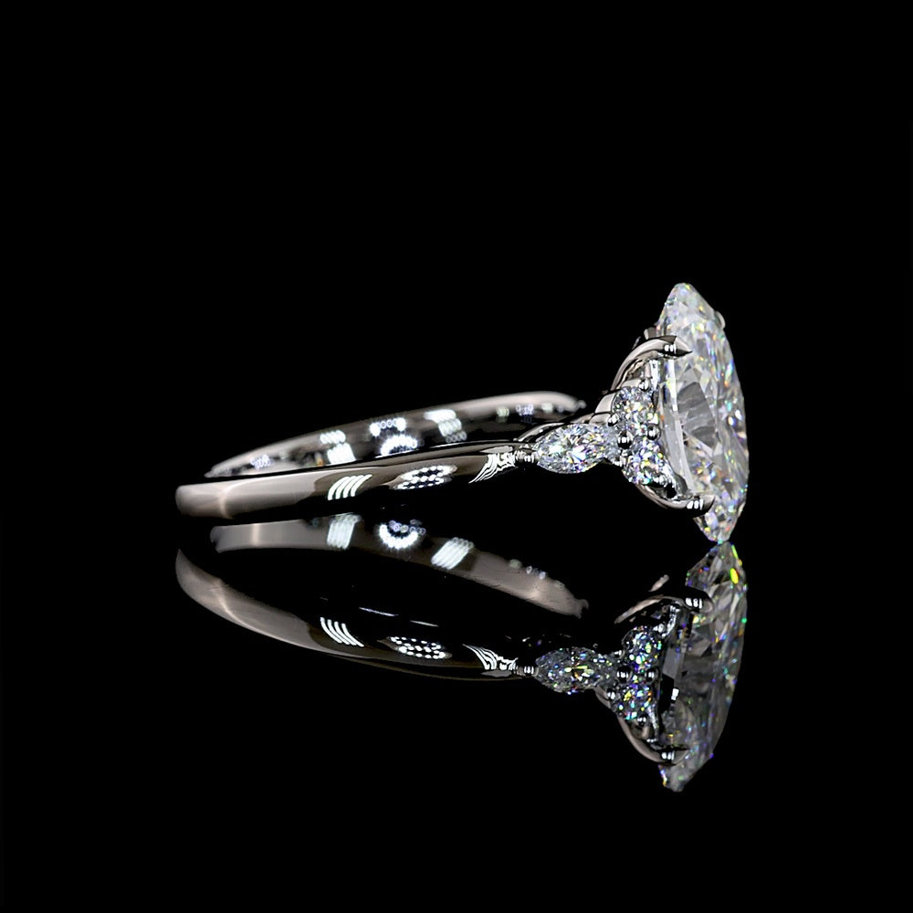 Platinum Oval Cut Lab Diamond Ring with Marquise and Round Accent Stones - 2.81 Carat Total Diamond Weight - Covaloro Fine Jewelry