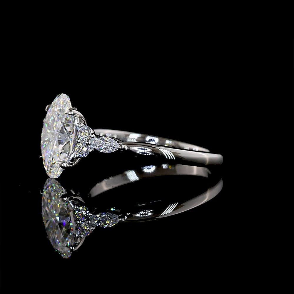 Platinum Oval Cut Lab Diamond Ring with Marquise and Round Accent Stones - 2.81 Carat Total Diamond Weight - Covaloro Fine Jewelry