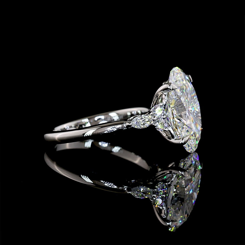 Platinum Oval Cut Lab Diamond Ring with Marquise and Round Accent Stones - 4.80 Carat Total Diamond Weight, F VS1 Center - Covaloro Fine Jewelry