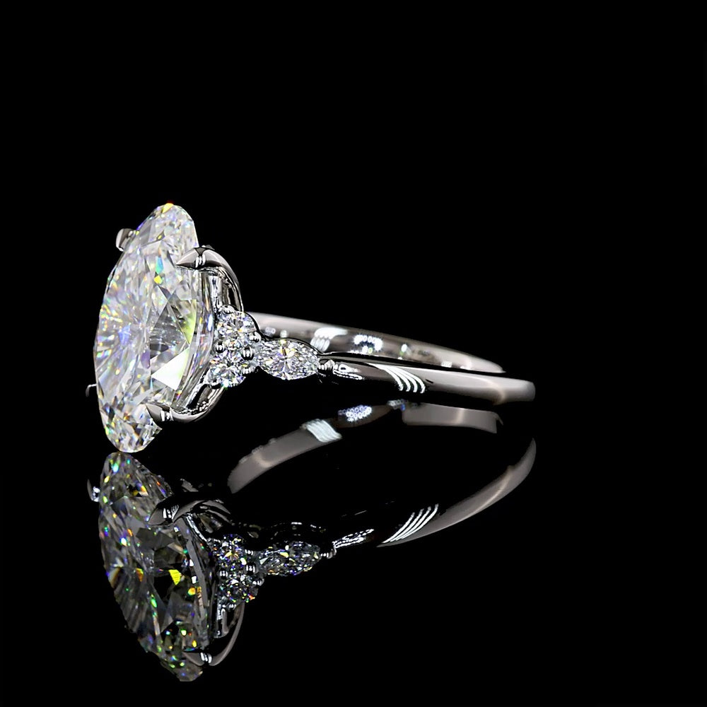 Platinum Oval Cut Lab Diamond Ring with Marquise and Round Accent Stones - 4.80 Carat Total Diamond Weight, F VS1 Center - Covaloro Fine Jewelry