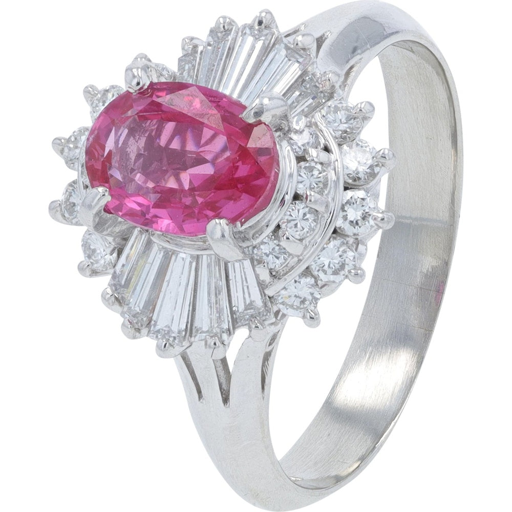 Platinum Oval-Cut Pink Sapphire Ring with Baguette and Round Diamond Ballerina Halo - 1.09 Carat Sapphire and 0.57 Carat Diamond Total Weight