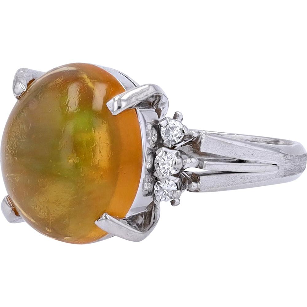 Platinum Oval Fire Opal Ring with 0.12 Carat Total Diamond Accents