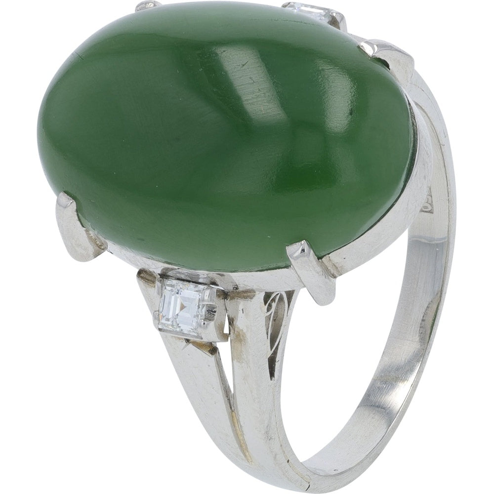 Platinum Oval Jade Cabochon Ring with Square Diamond Side Stones - 0.14 Carat Total Diamond Weight