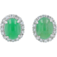 Platinum Oval Jade Stud Earrings with Diamond Halos - 4.013 Carat Jade and 0.48 Carat Total Diamond Weight