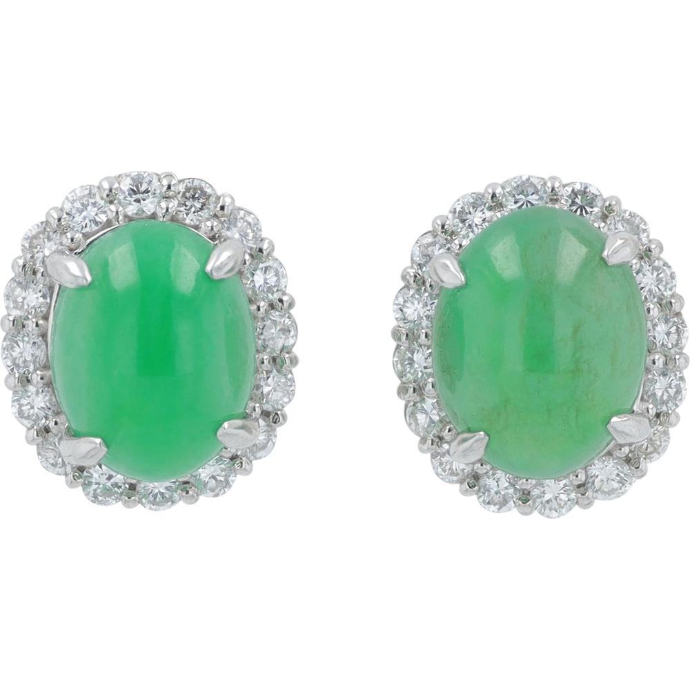 Platinum Oval Jade Stud Earrings with Diamond Halos - 4.013 Carat Jade and 0.48 Carat Total Diamond Weight