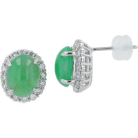Platinum Oval Jade Stud Earrings with Diamond Halos - 4.013 Carat Jade and 0.48 Carat Total Diamond Weight
