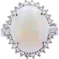 Platinum Oval Opal Halo Ring with Round and Baguette Diamonds - 4.06 Carat Opal and 0.52 Carat Total Diamond Weight