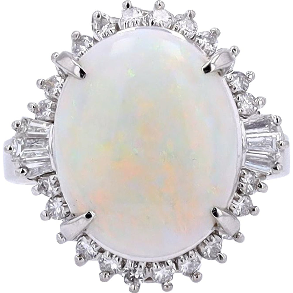 Platinum Oval Opal Halo Ring with Round and Baguette Diamonds - 4.06 Carat Opal and 0.52 Carat Total Diamond Weight